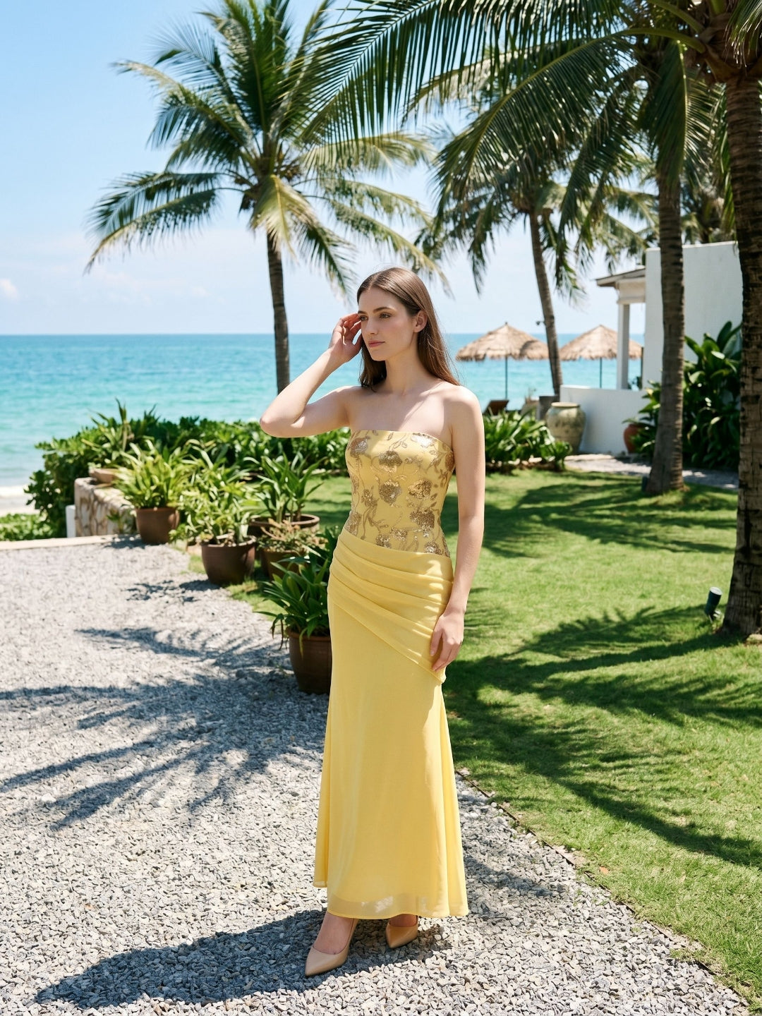Daffodil Chiffon Mermaid Straight Neck Lace-Up Back Floor-Length Party Dress with Sequins