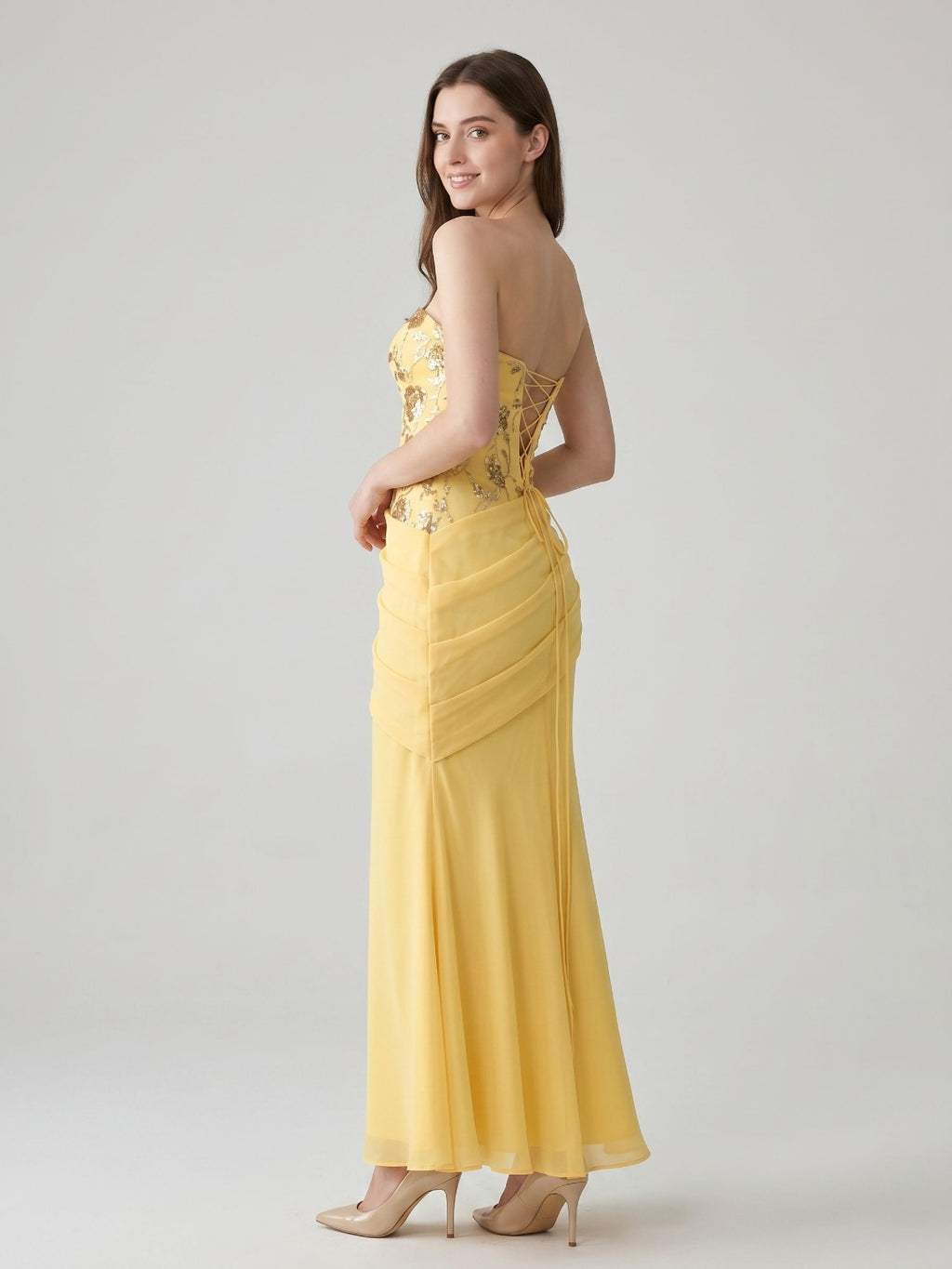 Daffodil Chiffon Mermaid Straight Neck Lace-Up Back Floor-Length Party Dress with Sequins