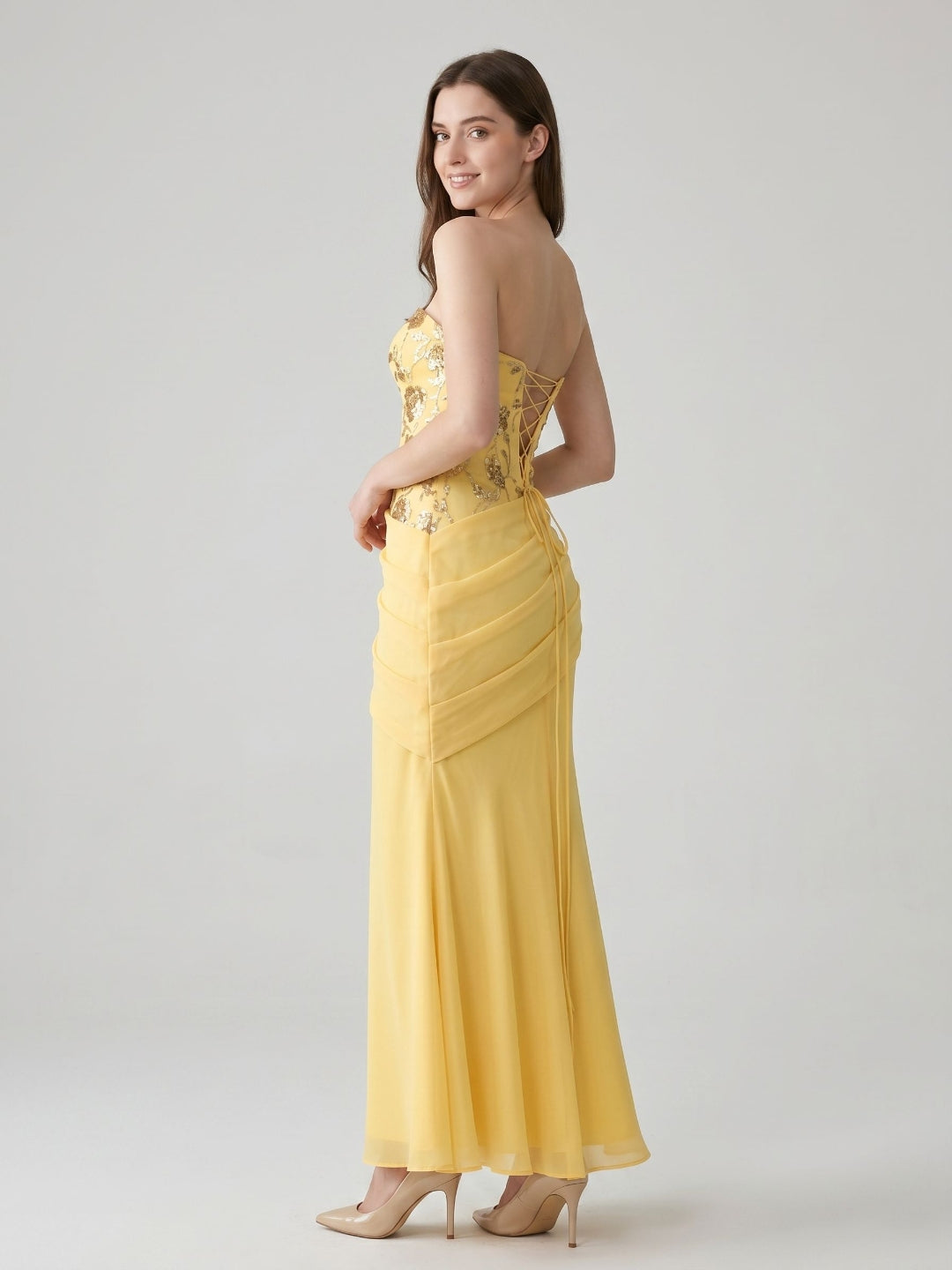 Daffodil Chiffon Mermaid Straight Neck Lace-Up Back Floor-Length Party Dress with Sequins