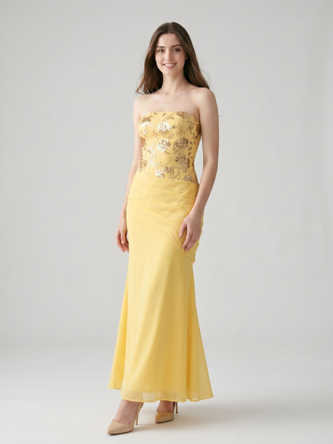 Daffodil Chiffon Mermaid Straight Neck Lace-Up Back Floor-Length Party Dress with Sequins