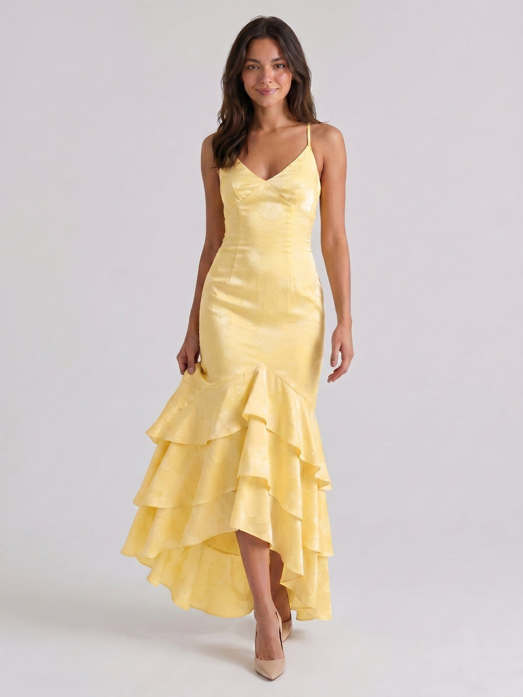 Daffodil Jacquard Mermaid V-Neck Criss-Cross Straps Asymmetrical Formal Dress with Cascading Ruffles