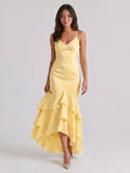 Daffodil Jacquard Mermaid V-Neck Criss-Cross Straps Asymmetrical Formal Dress with Cascading Ruffles