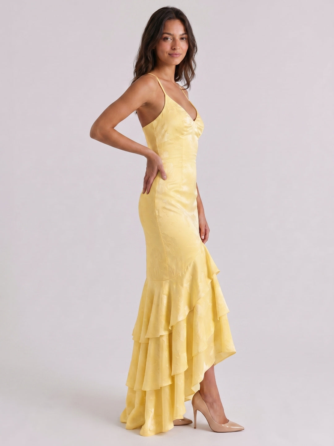Daffodil Jacquard Mermaid V-Neck Criss-Cross Straps Asymmetrical Formal Dress with Cascading Ruffles