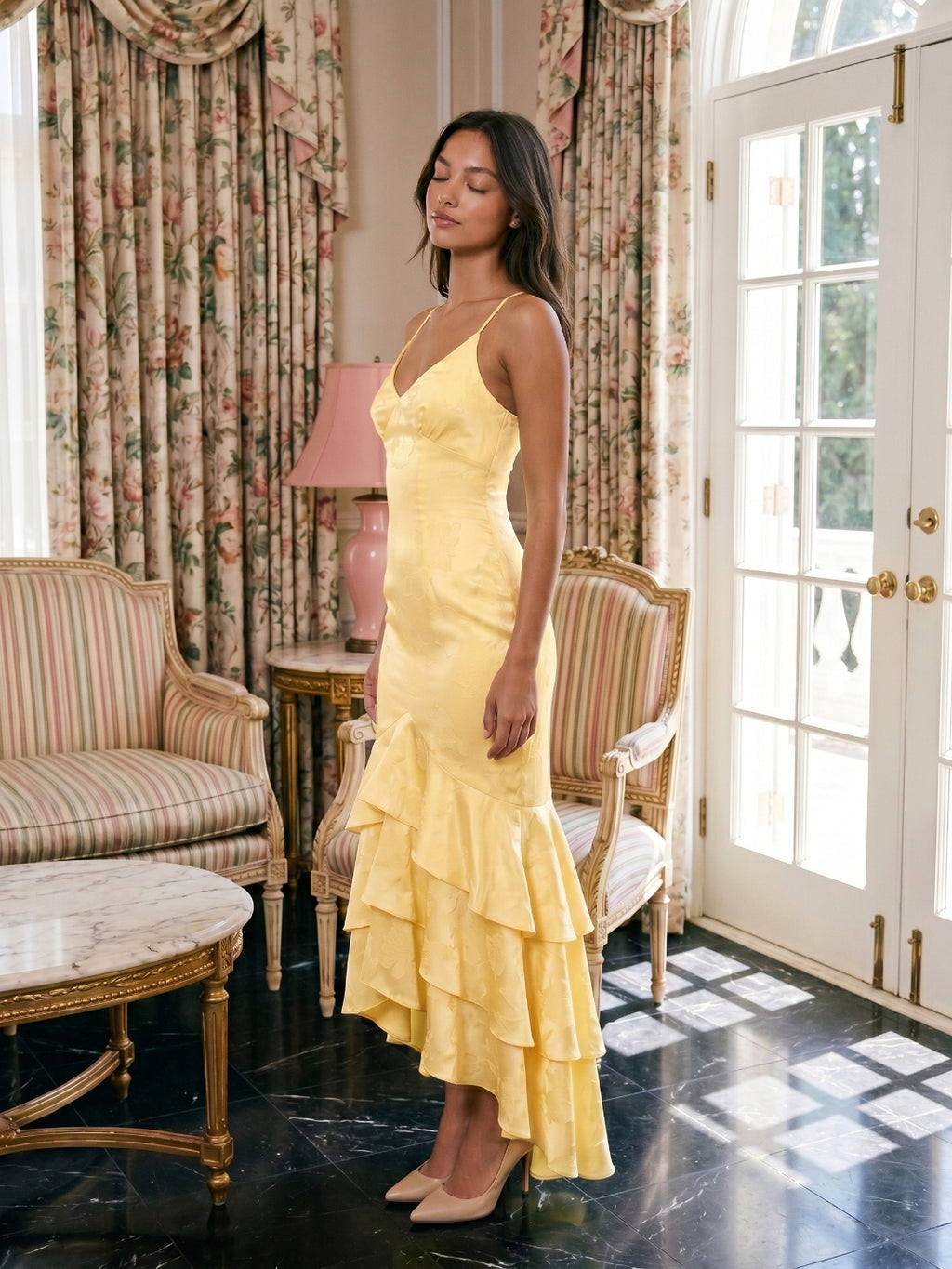 Daffodil Jacquard Mermaid V-Neck Criss-Cross Straps Asymmetrical Formal Dress with Cascading Ruffles