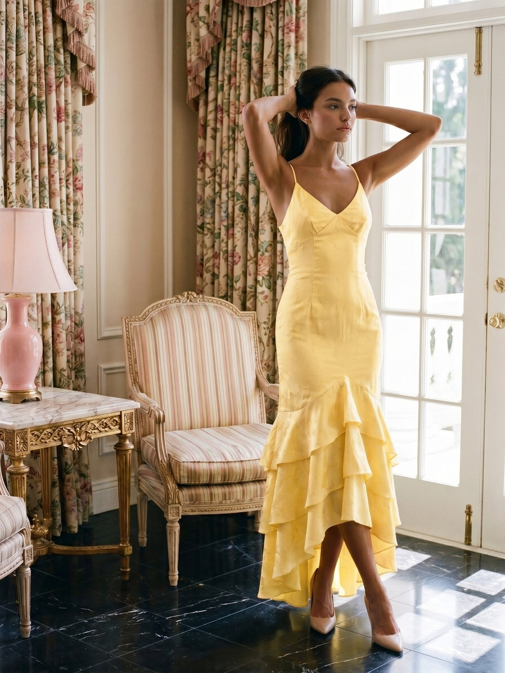 Daffodil Jacquard Mermaid V-Neck Criss-Cross Straps Asymmetrical Formal Dress with Cascading Ruffles