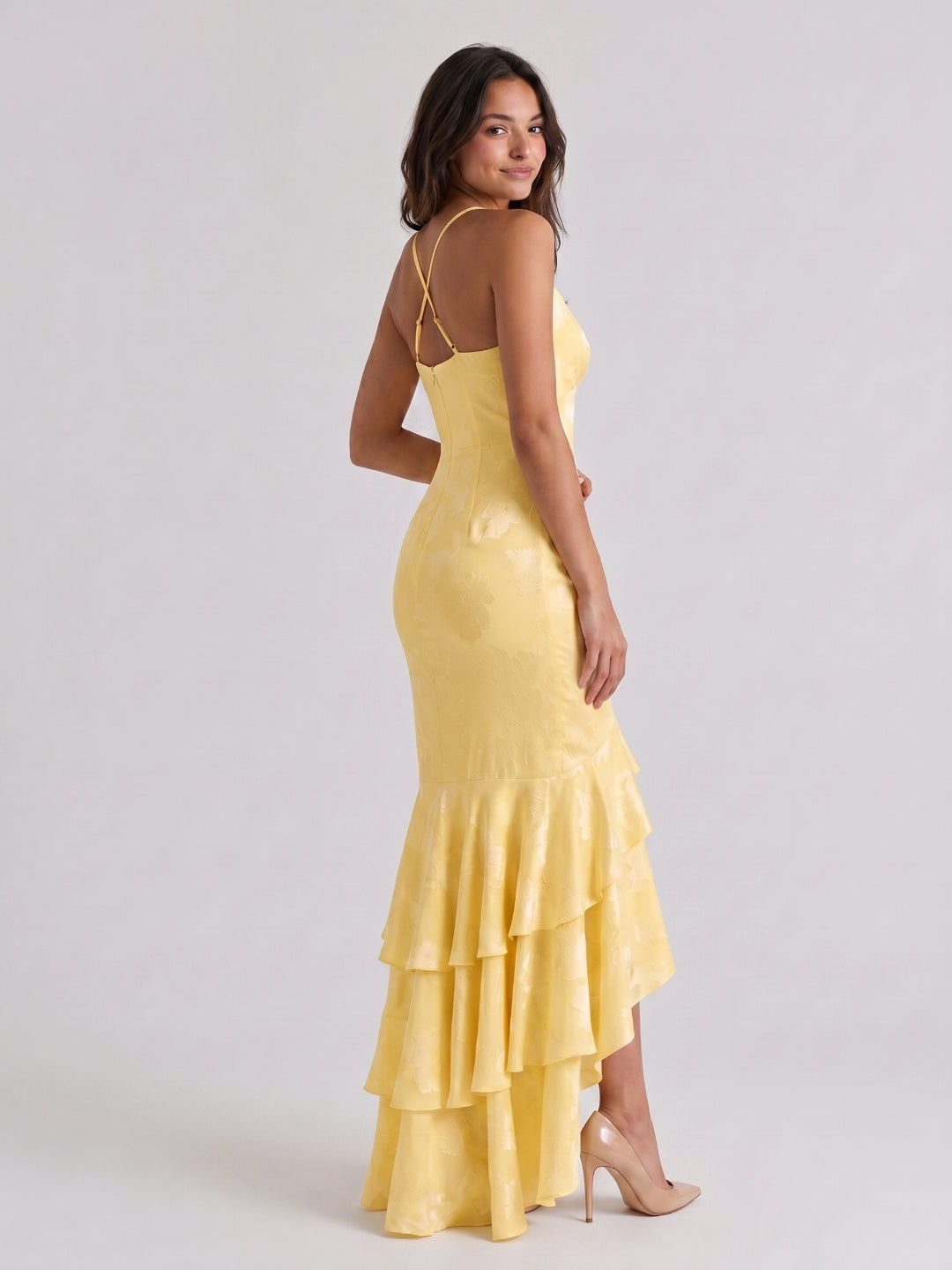Daffodil Jacquard Mermaid V-Neck Criss-Cross Straps Asymmetrical Formal Dress with Cascading Ruffles