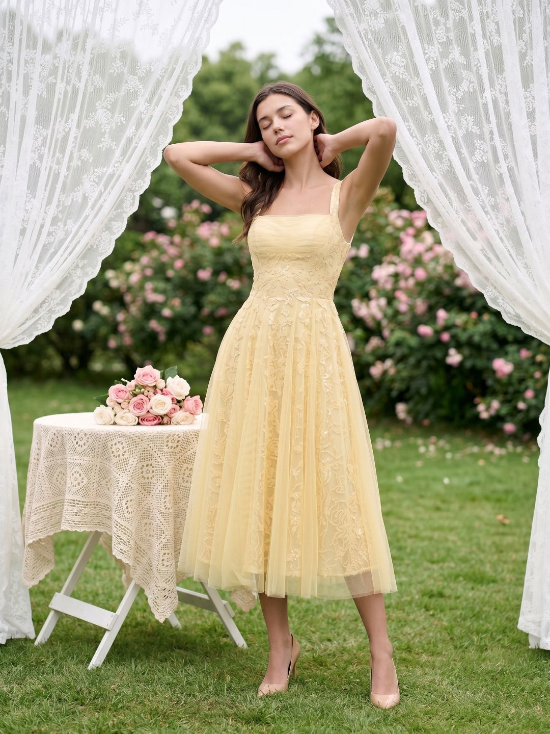 Daffodil Lace A-Line Square Neck Tea-Length Birthday Dress with Sequins