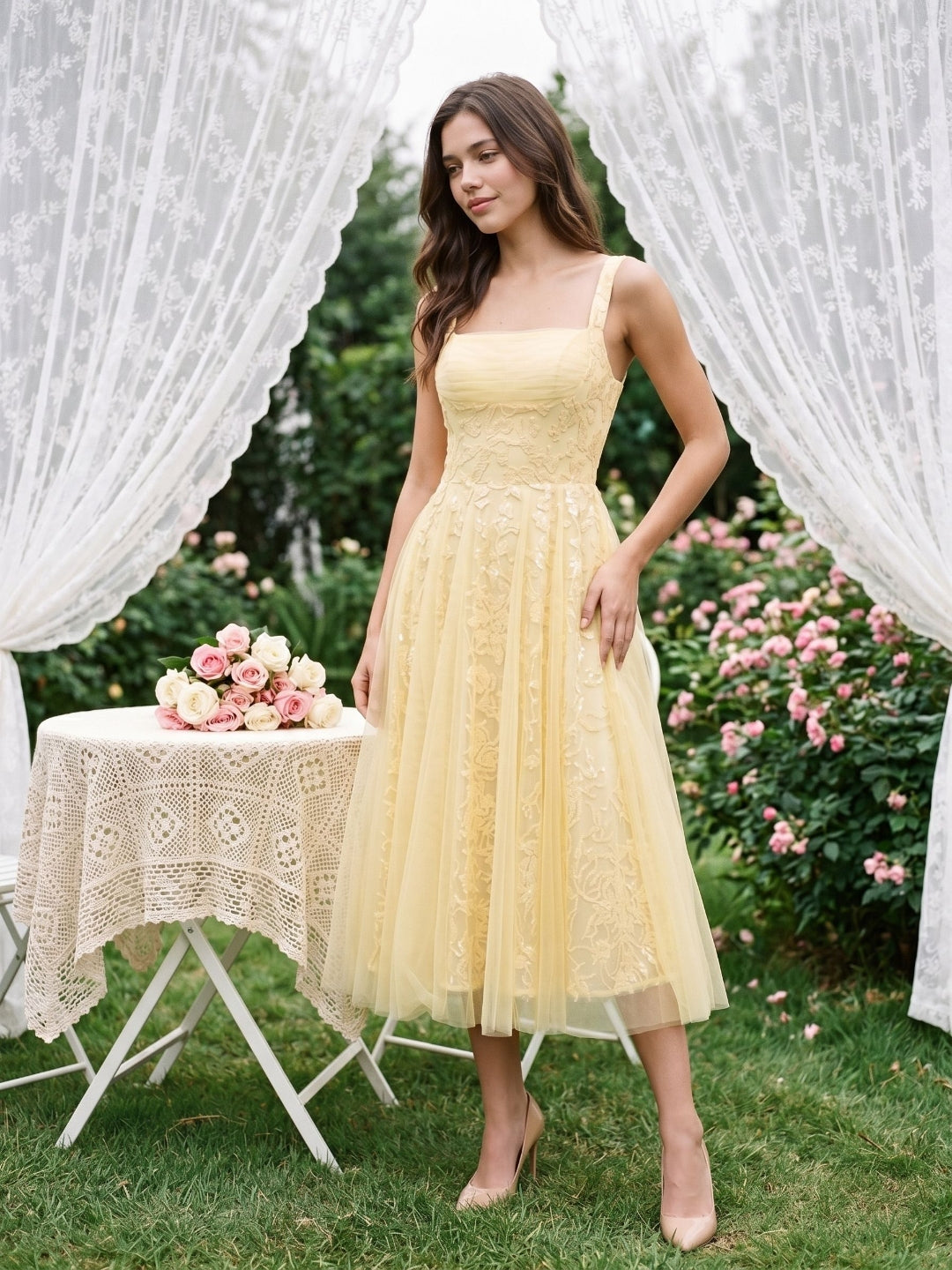 Daffodil Lace A-Line Square Neck Tea-Length Birthday Dress with Sequins