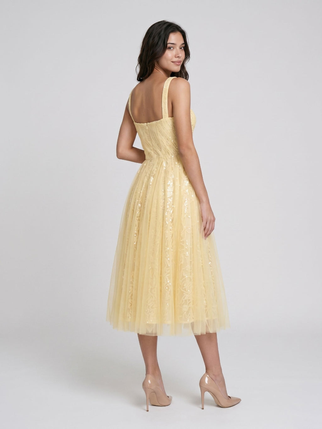 Daffodil Lace A-Line Square Neck Tea-Length Birthday Dress with Sequins