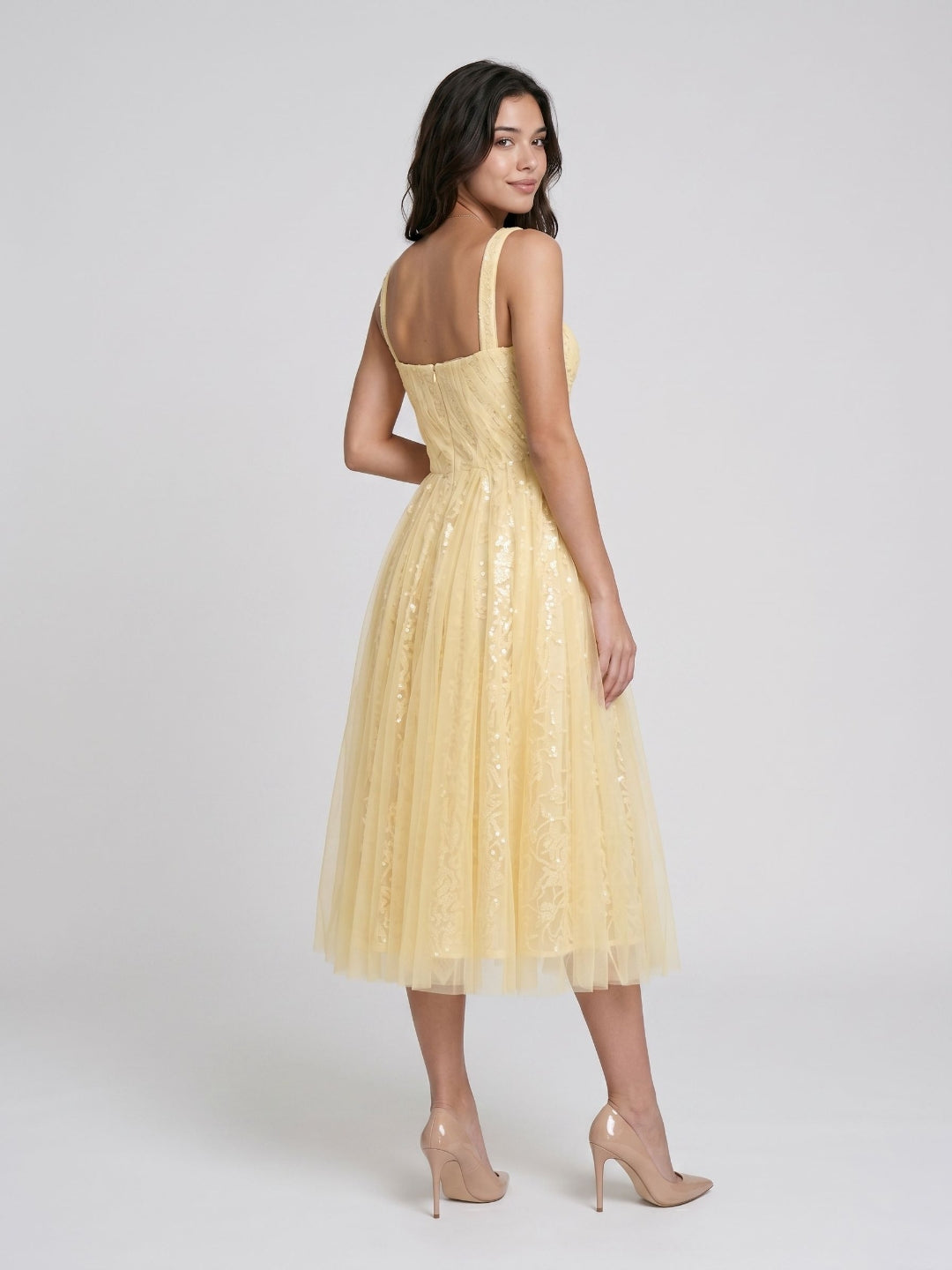 Daffodil Lace A-Line Square Neck Tea-Length Birthday Dress with Sequins