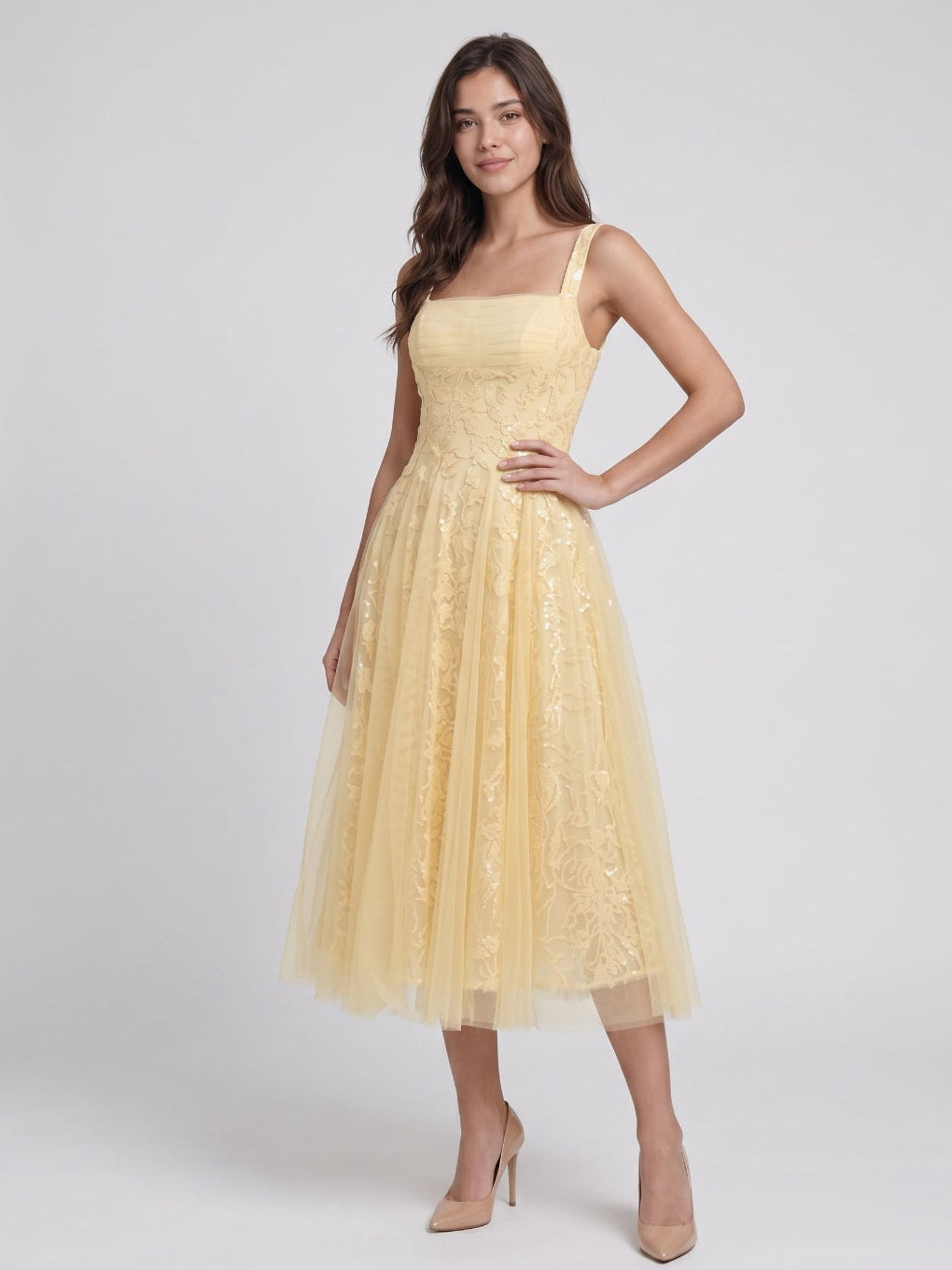 Daffodil Lace A-Line Square Neck Tea-Length Birthday Dress with Sequins