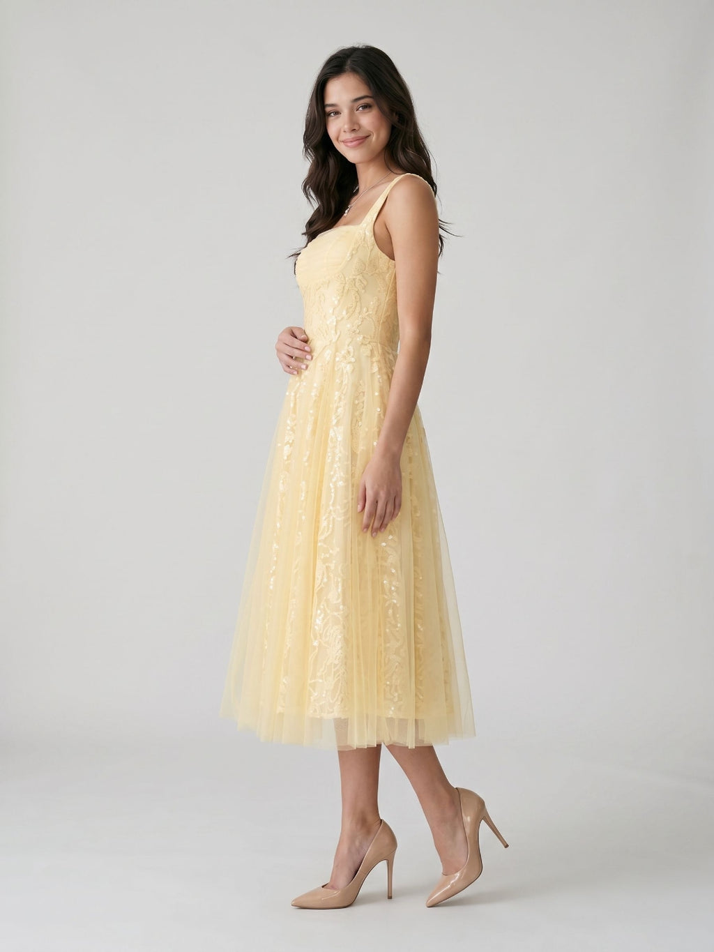 Daffodil Lace A-Line Square Neck Tea-Length Birthday Dress with Sequins