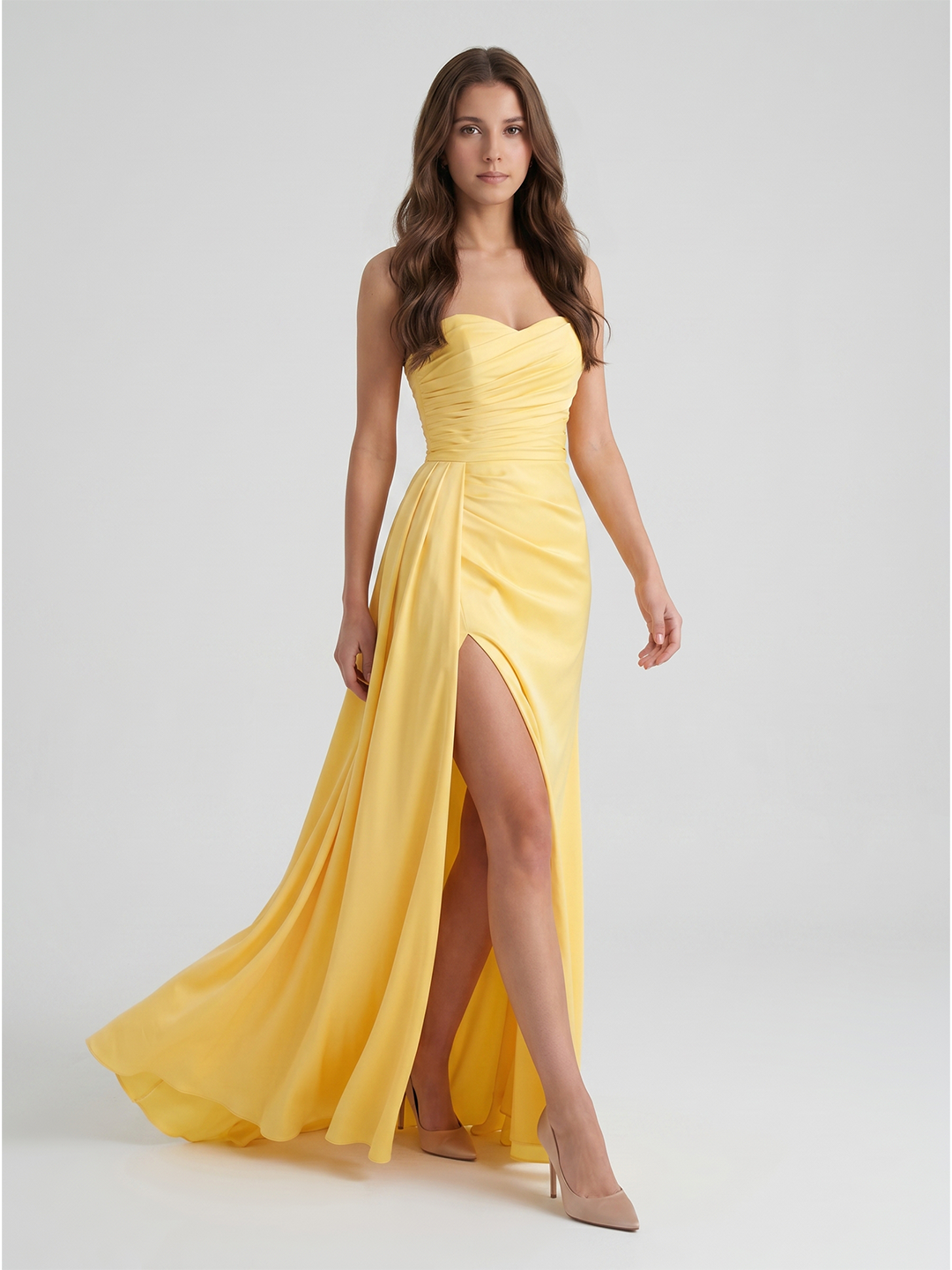 Daffodil Matte Satin A-Line Straight Neck Backless Floor-Length Bridesmaid Dress with Pleats