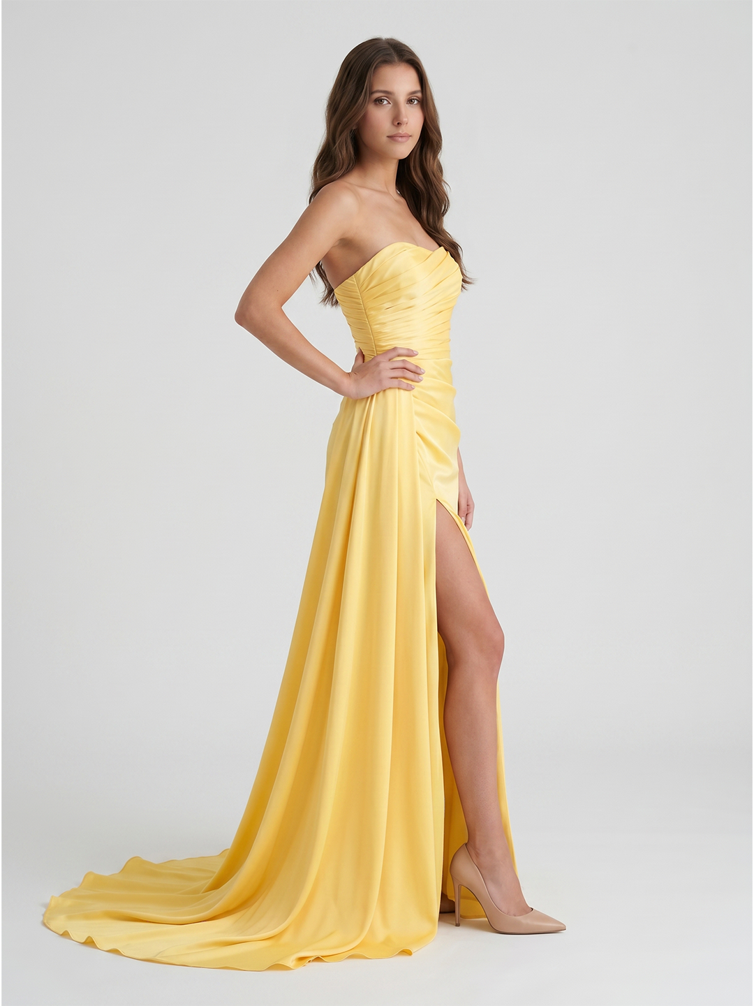 Daffodil Matte Satin A-Line Straight Neck Backless Floor-Length Bridesmaid Dress with Pleats