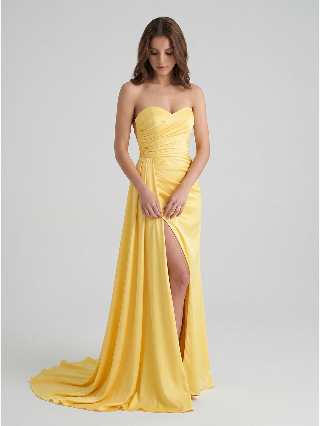 Daffodil Matte Satin A-Line Straight Neck Backless Floor-Length Bridesmaid Dress with Pleats
