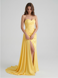 Daffodil Matte Satin A-Line Straight Neck Backless Floor-Length Bridesmaid Dress with Pleats