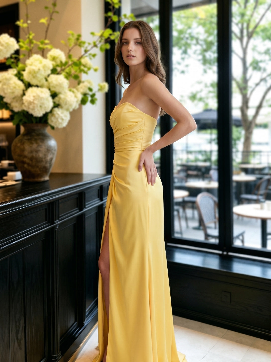 Daffodil Matte Satin A-Line Straight Neck Backless Floor-Length Bridesmaid Dress with Pleats