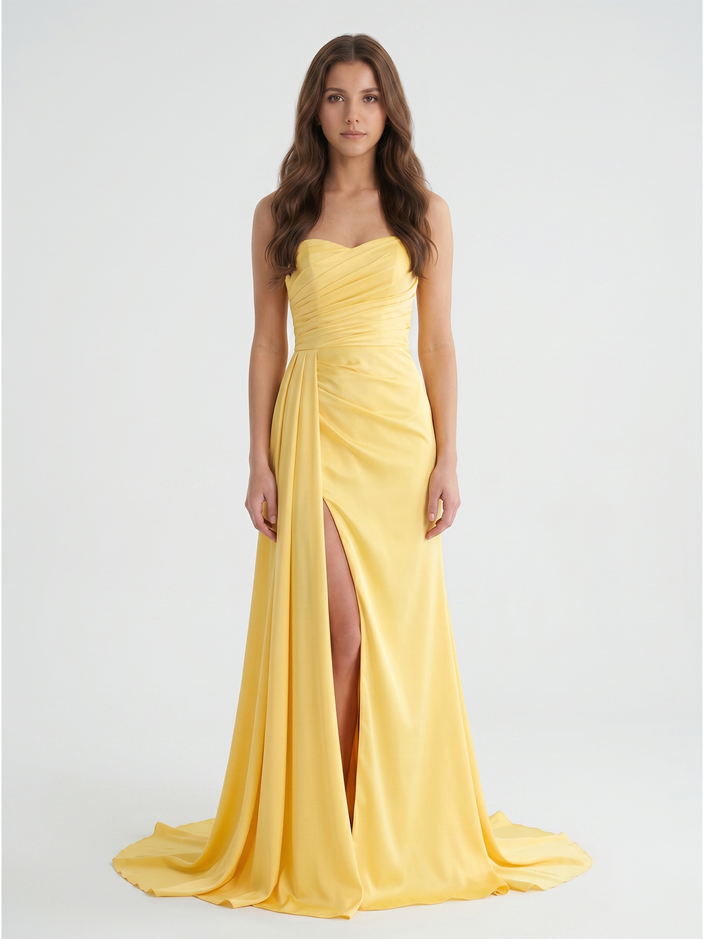 Daffodil Matte Satin A-Line Straight Neck Backless Floor-Length Bridesmaid Dress with Pleats