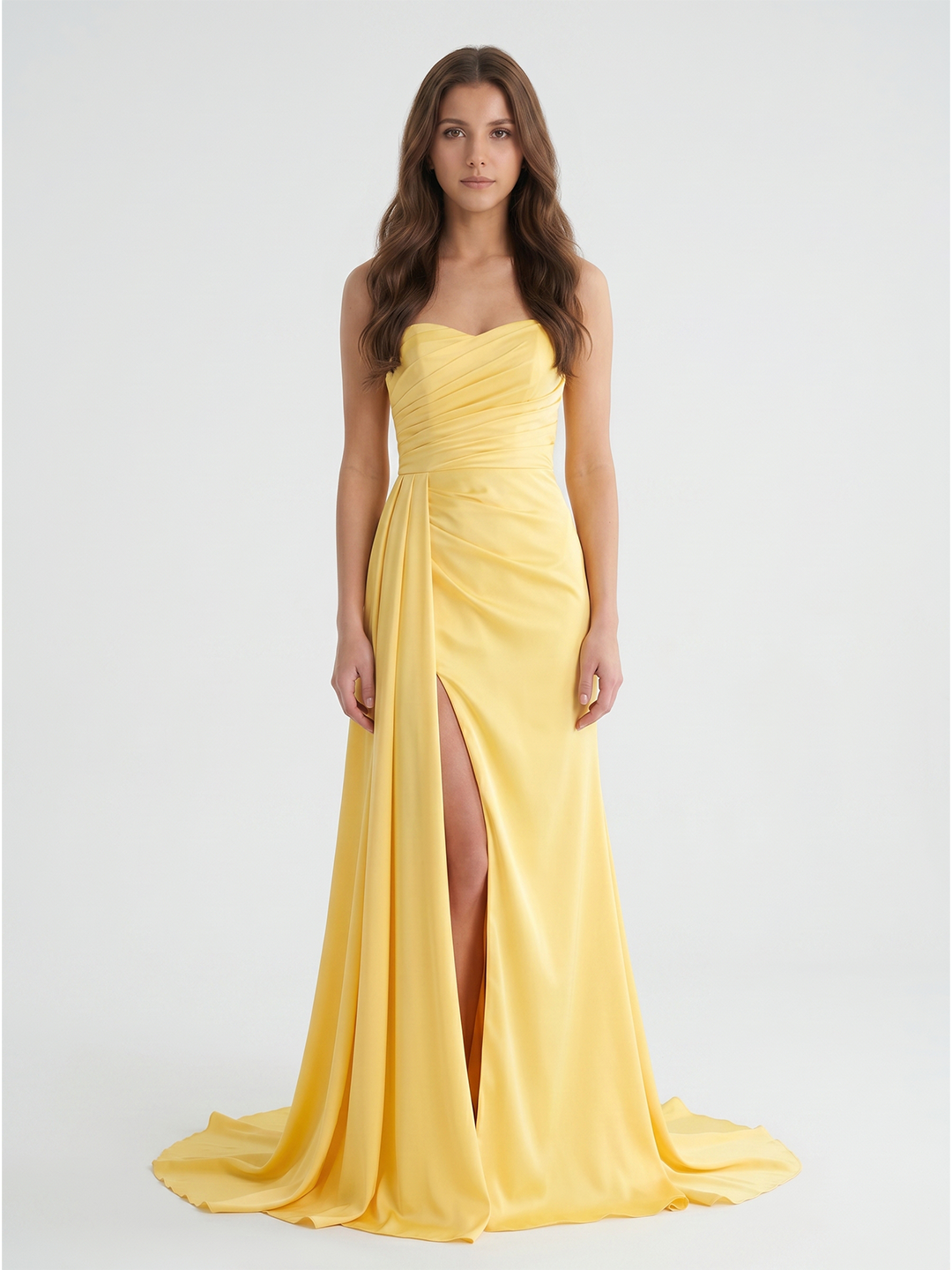 Daffodil Matte Satin A-Line Straight Neck Backless Floor-Length Bridesmaid Dress with Pleats