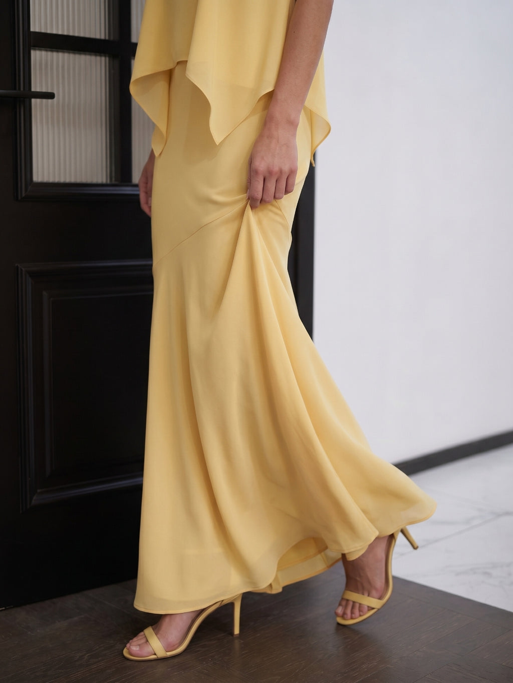 Daffodil Matte Satin Mermaid Halter Illusion Floor-Length Bridesmaid Dress with Cape