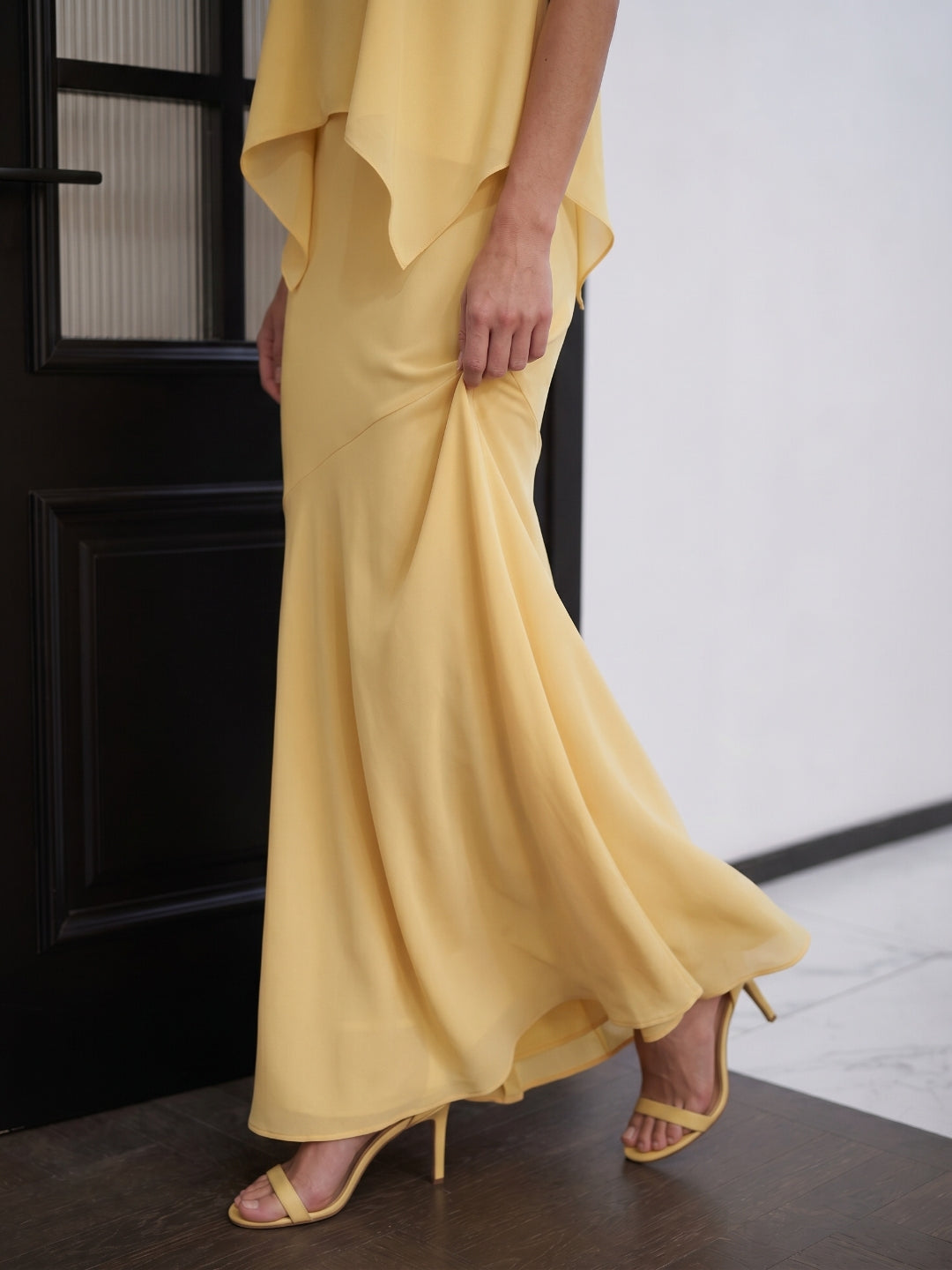 Daffodil Matte Satin Mermaid Halter Illusion Floor-Length Bridesmaid Dress with Cape