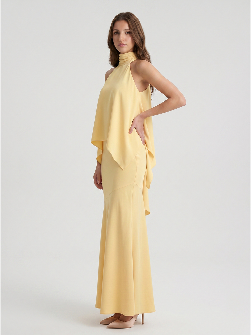 Daffodil Matte Satin Mermaid Halter Illusion Floor-Length Bridesmaid Dress with Cape