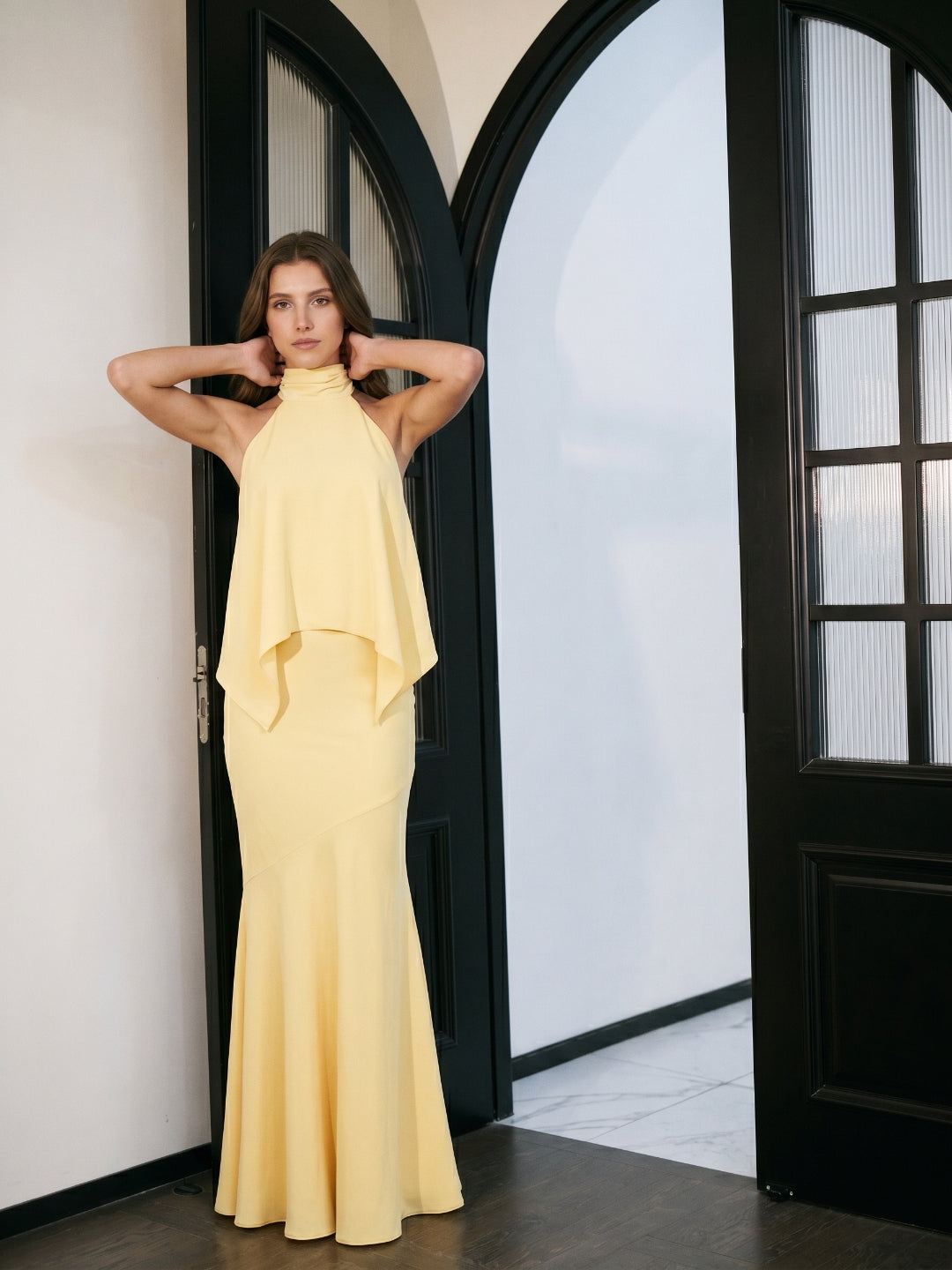 Daffodil Matte Satin Mermaid Halter Illusion Floor-Length Bridesmaid Dress with Cape