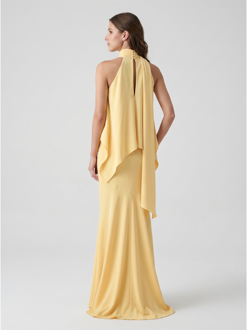 Daffodil Matte Satin Mermaid Halter Illusion Floor-Length Bridesmaid Dress with Cape