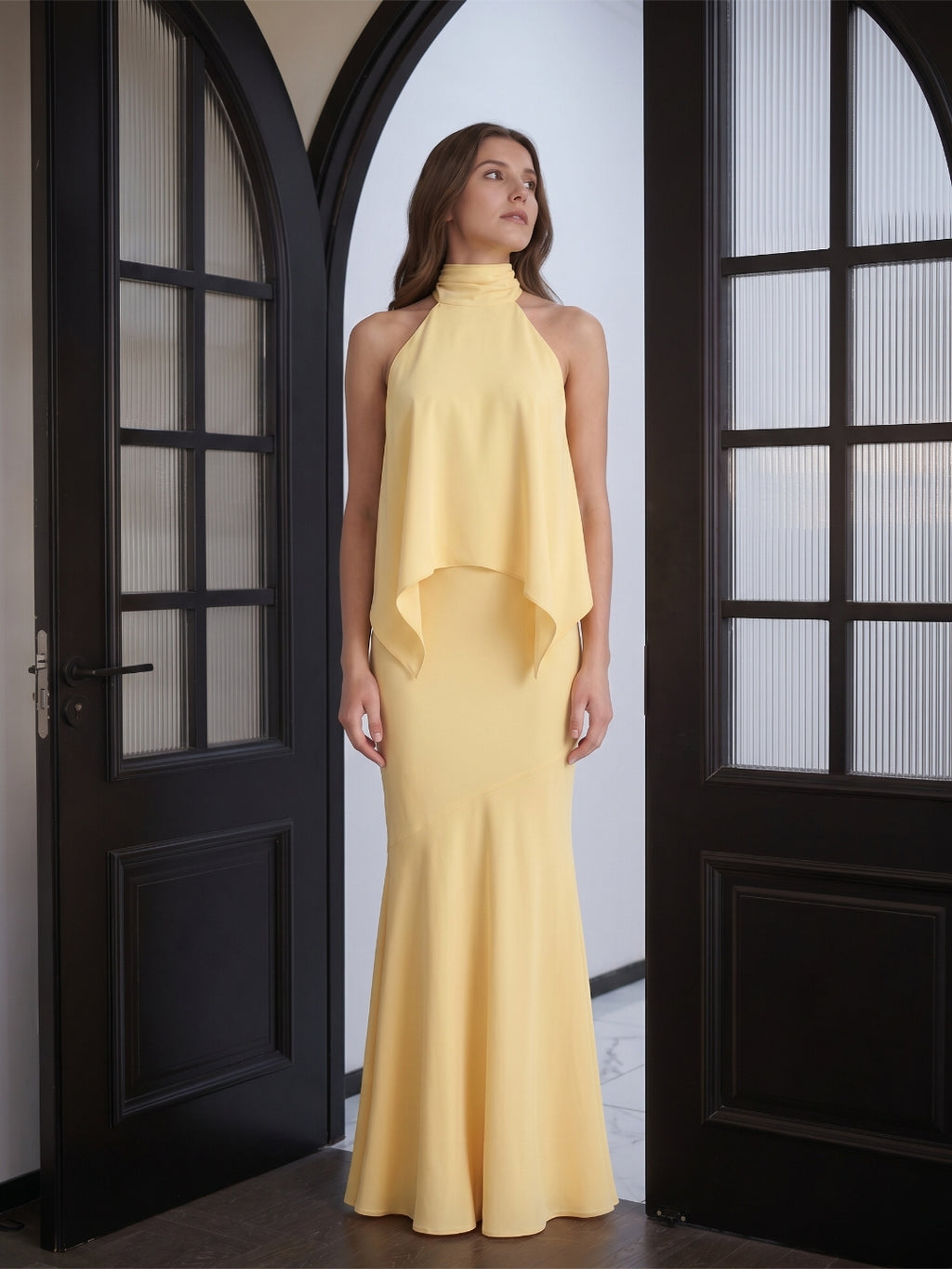 Daffodil Matte Satin Mermaid Halter Illusion Floor-Length Bridesmaid Dress with Cape
