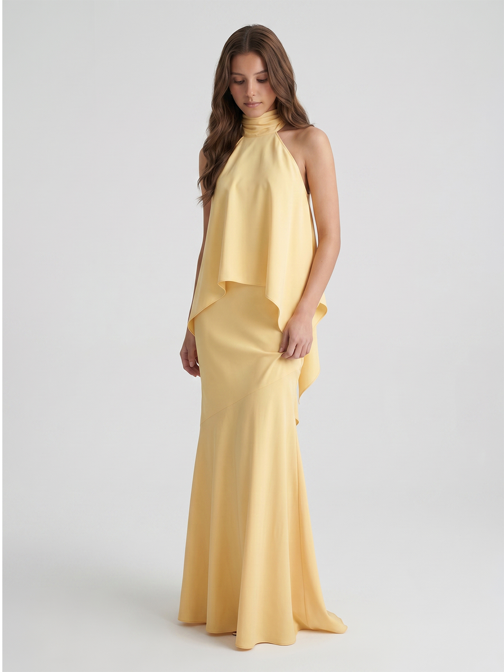 Daffodil Matte Satin Mermaid Halter Illusion Floor-Length Bridesmaid Dress with Cape