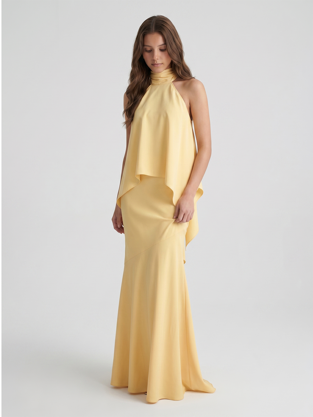 Daffodil Matte Satin Mermaid Halter Illusion Floor-Length Bridesmaid Dress with Cape