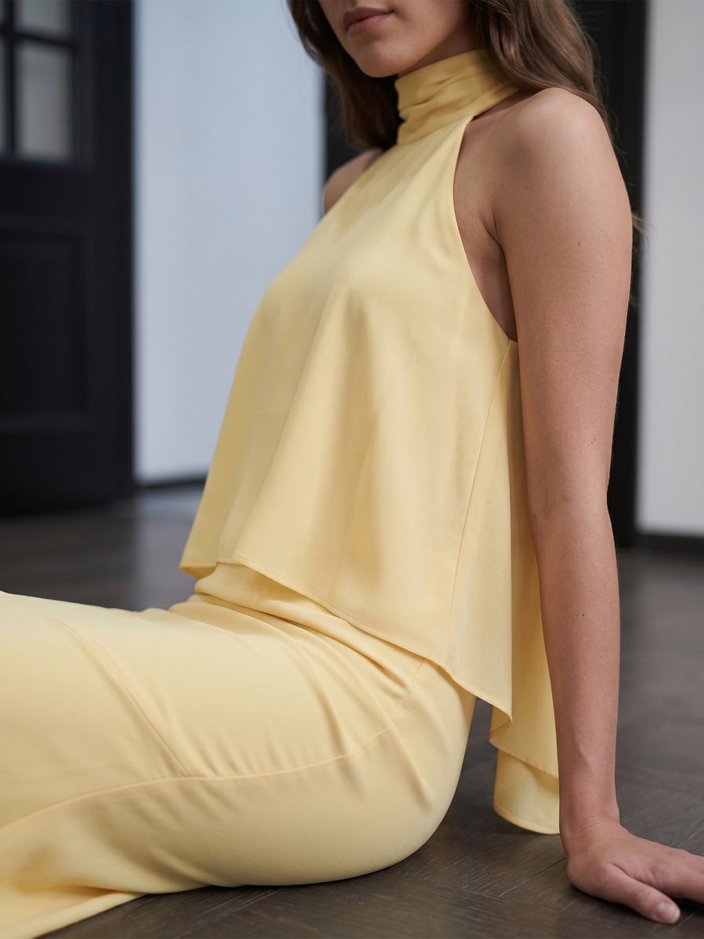 Daffodil Matte Satin Mermaid Halter Illusion Floor-Length Bridesmaid Dress with Cape