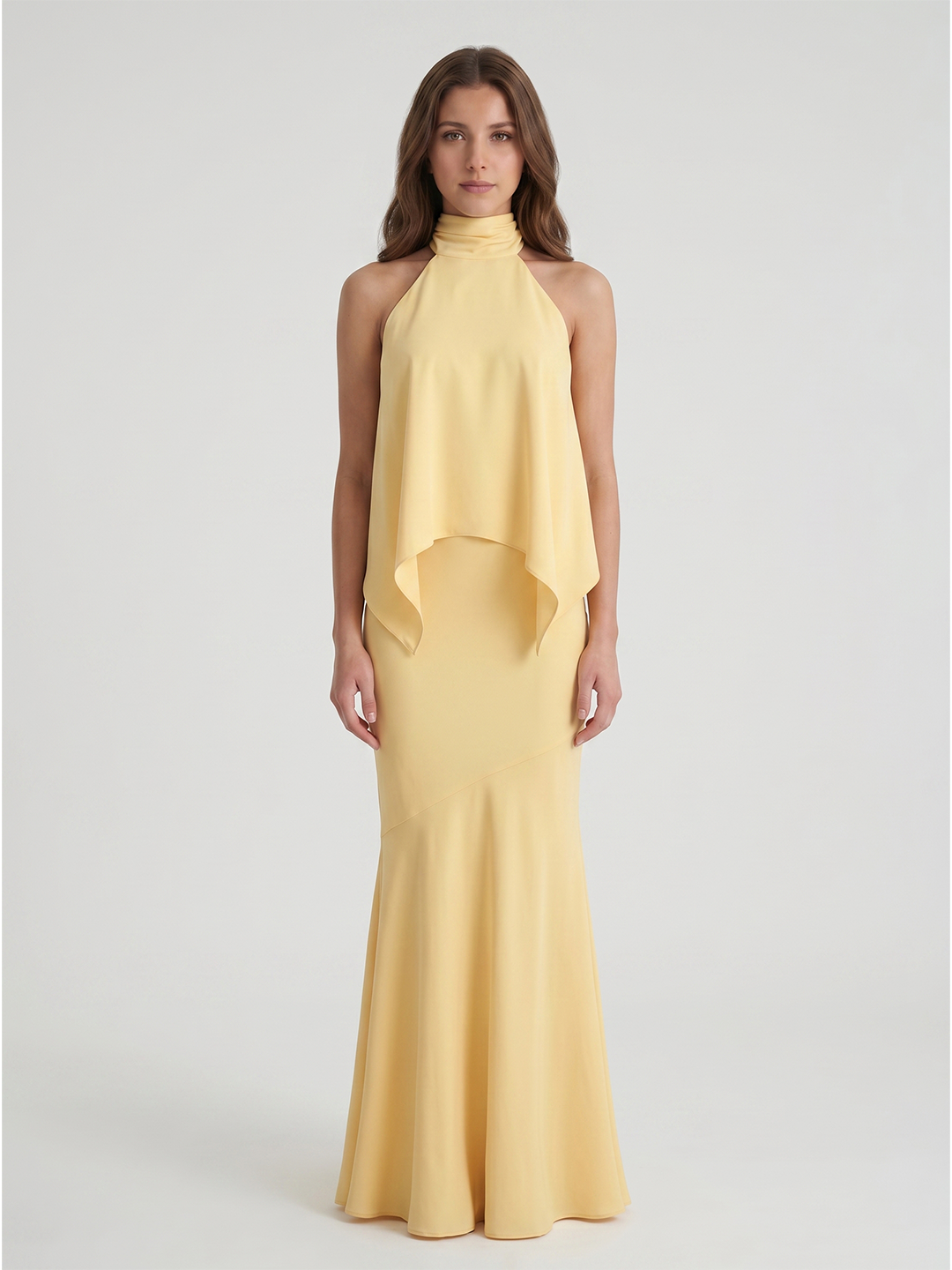 Daffodil Matte Satin Mermaid Halter Illusion Floor-Length Bridesmaid Dress with Cape