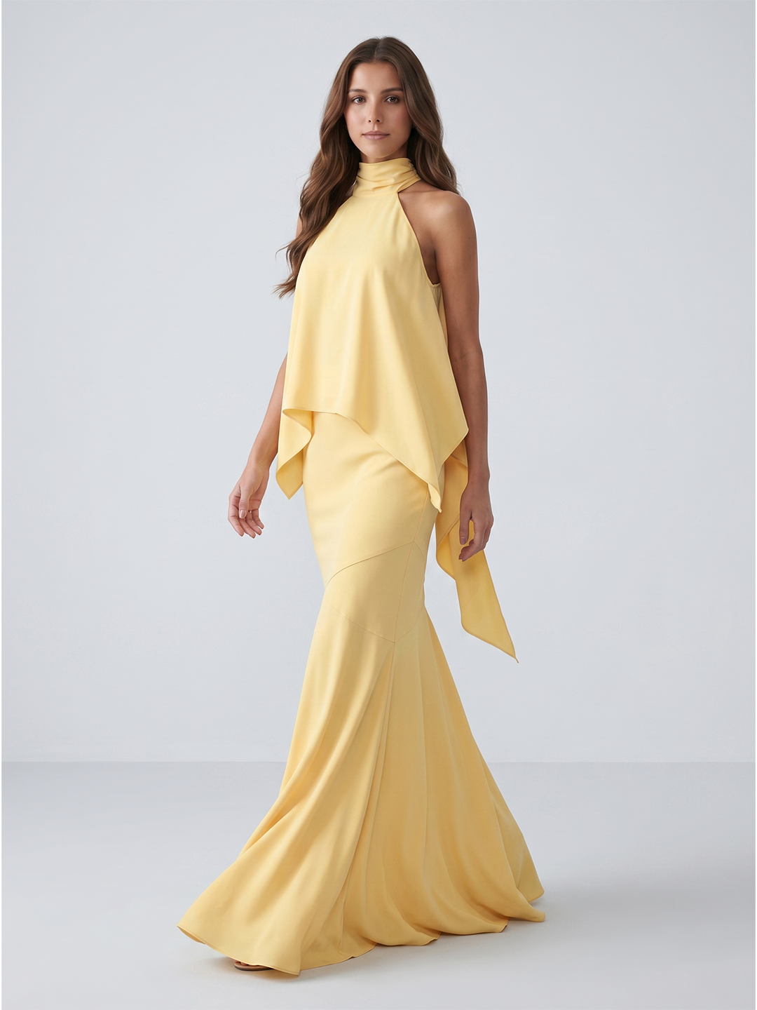 Daffodil Matte Satin Mermaid Halter Illusion Floor-Length Bridesmaid Dress with Cape
