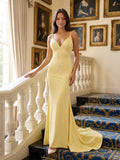 Daffodil Matte Satin Mermaid V-Neck Backless Floor-Length Beaded Evening Gown