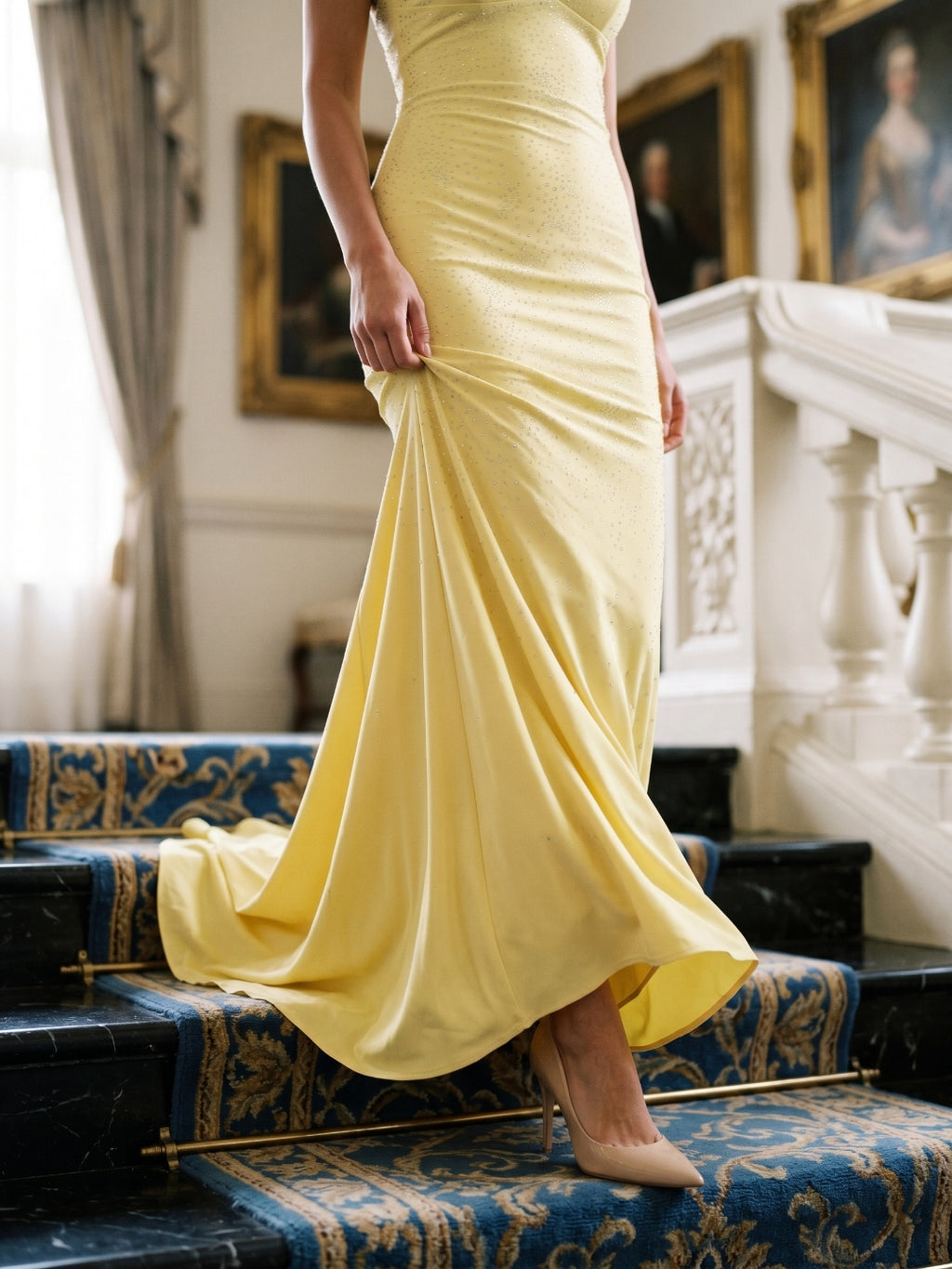 Daffodil Matte Satin Mermaid V-Neck Backless Floor-Length Beaded Evening Gown