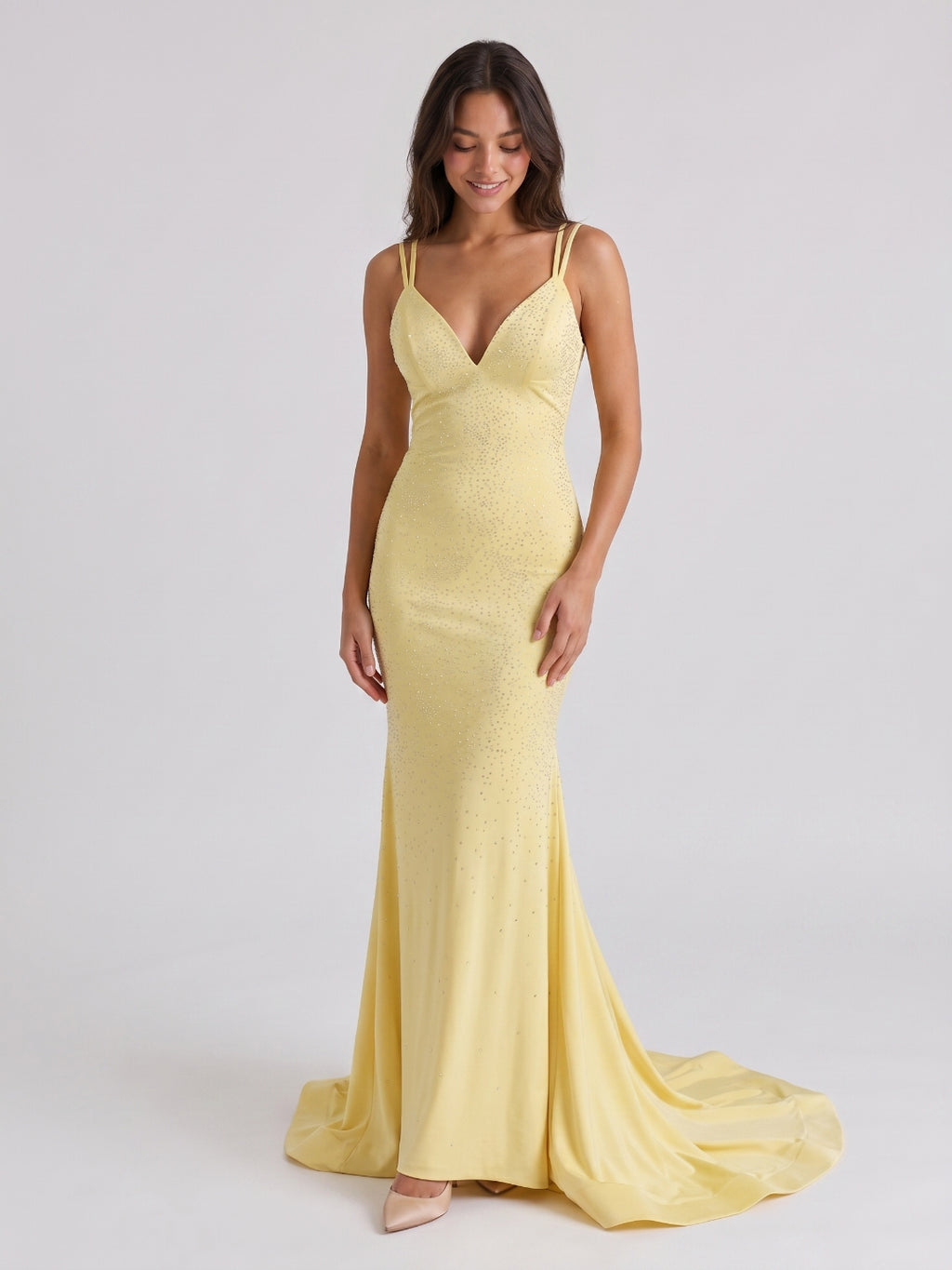 Daffodil Matte Satin Mermaid V-Neck Backless Floor-Length Beaded Evening Gown