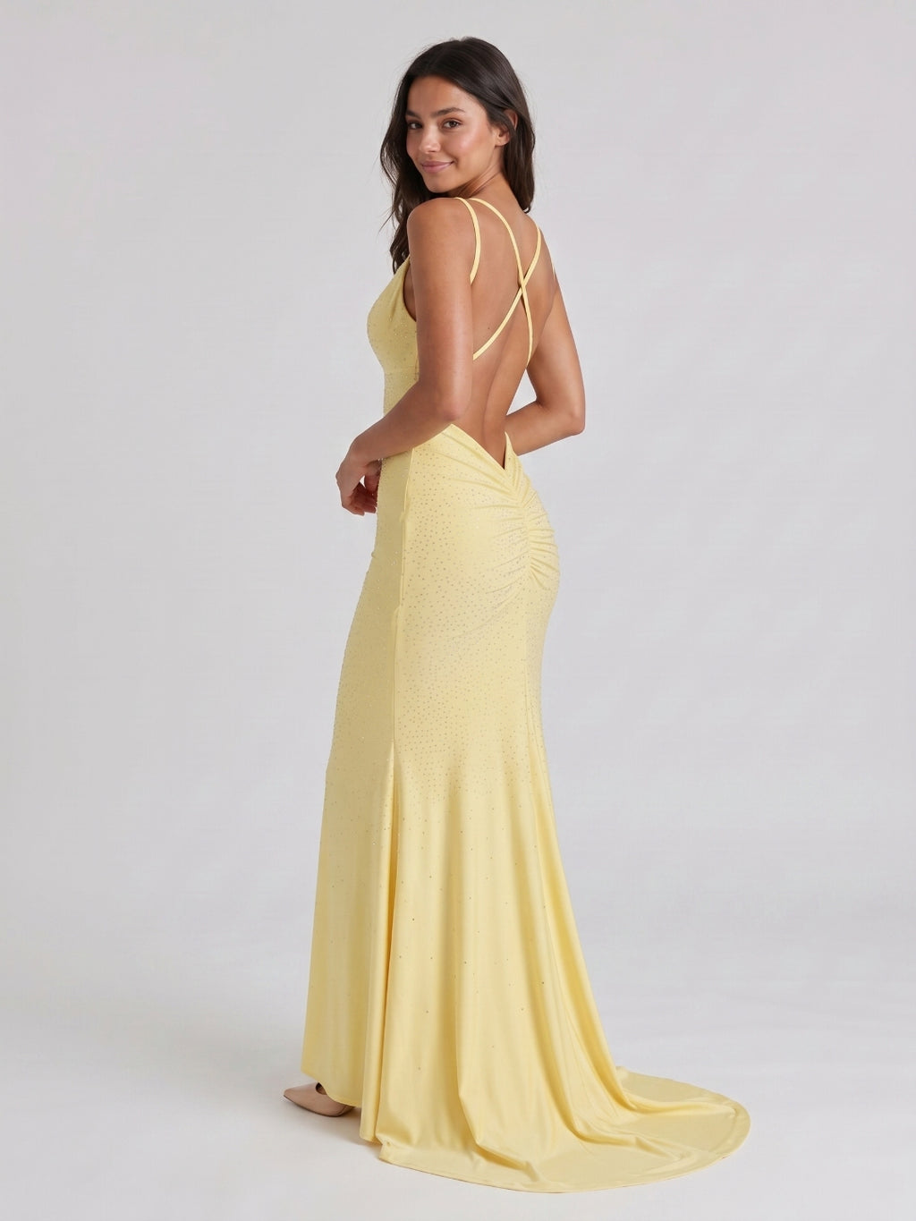 Daffodil Matte Satin Mermaid V-Neck Backless Floor-Length Beaded Evening Gown