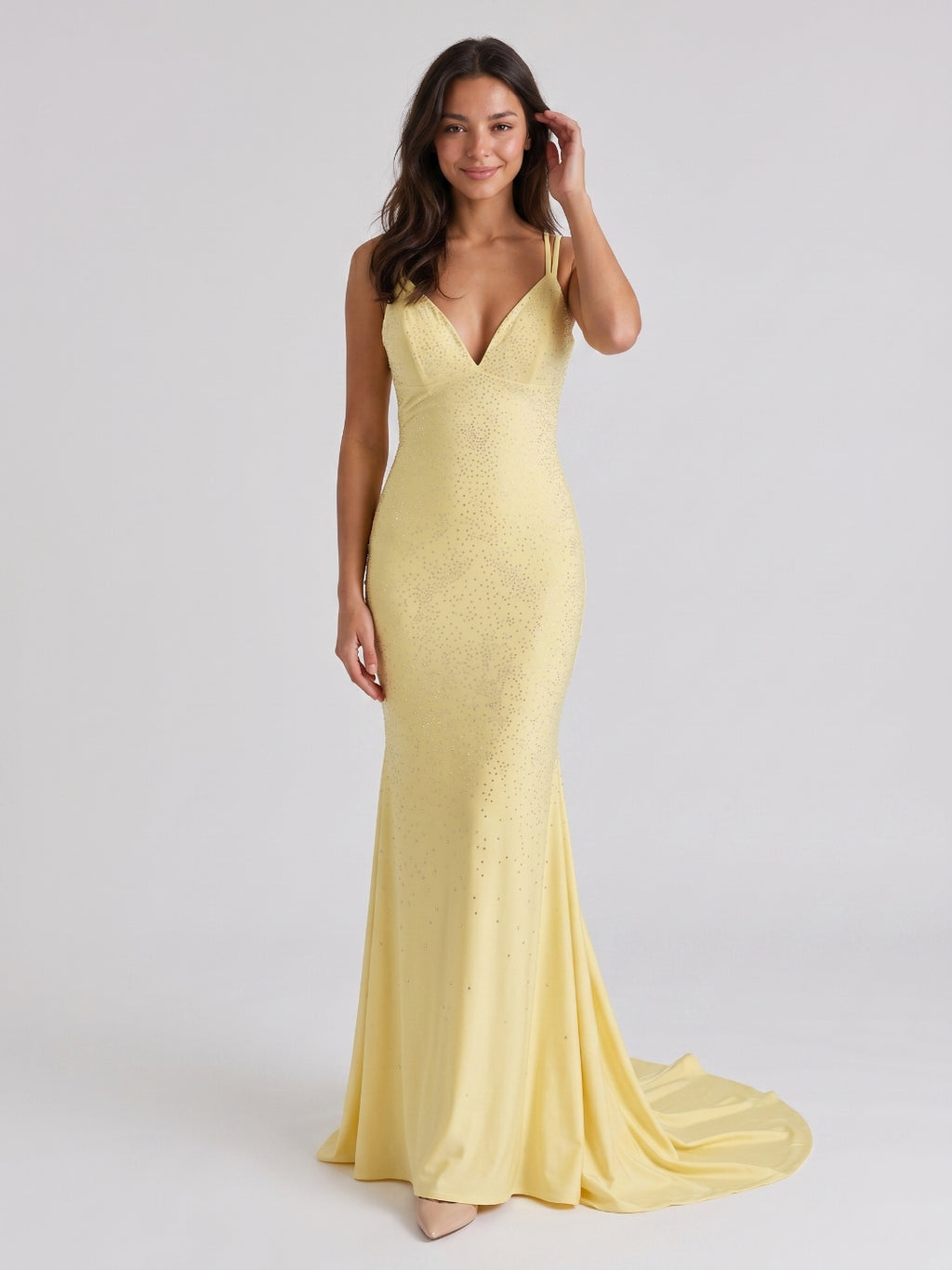 Daffodil Matte Satin Mermaid V-Neck Backless Floor-Length Beaded Evening Gown