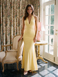 Daffodil Stretch Knit Mermaid V-Neck Lace-Up Back Floor-Length Prom Dress