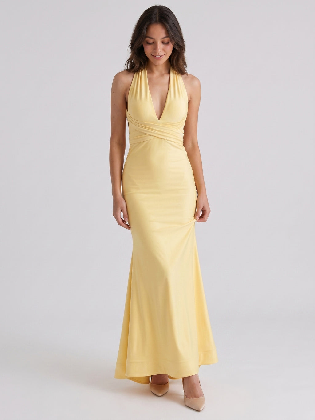 Daffodil Stretch Knit Mermaid V-Neck Lace-Up Back Floor-Length Prom Dress