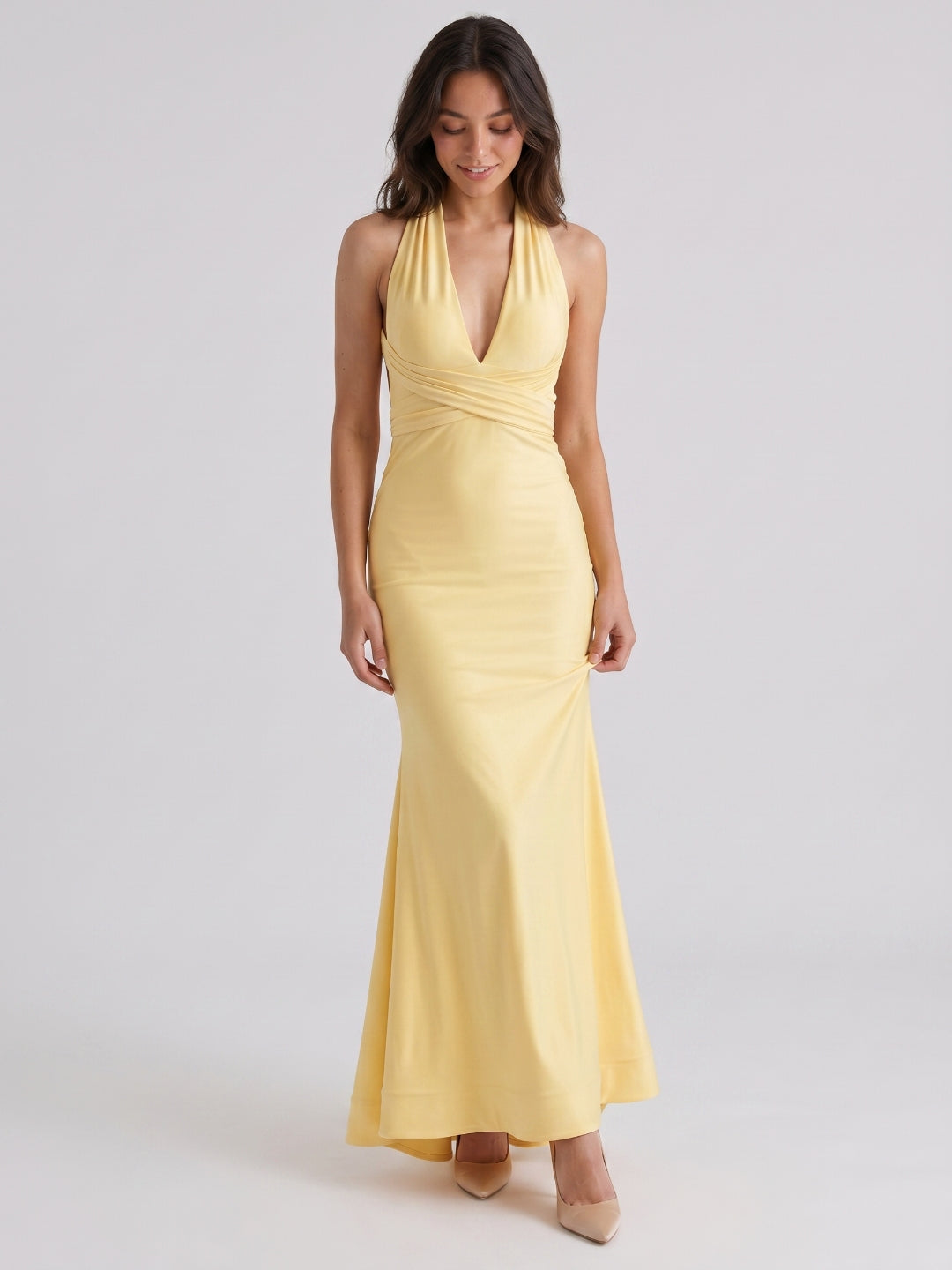 Daffodil Stretch Knit Mermaid V-Neck Lace-Up Back Floor-Length Prom Dress