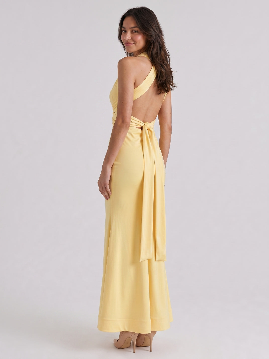 Daffodil Stretch Knit Mermaid V-Neck Lace-Up Back Floor-Length Prom Dress