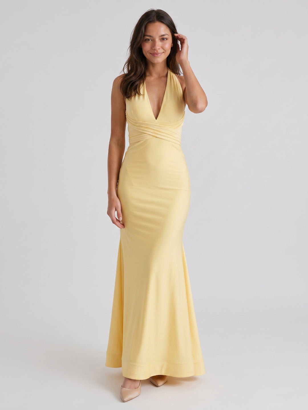 Daffodil Stretch Knit Mermaid V-Neck Lace-Up Back Floor-Length Prom Dress