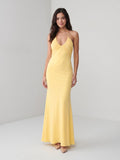 Daffodil Matte Satin Sheath Halter Neckline Backless Floor-Length Formal Dress with Pleating