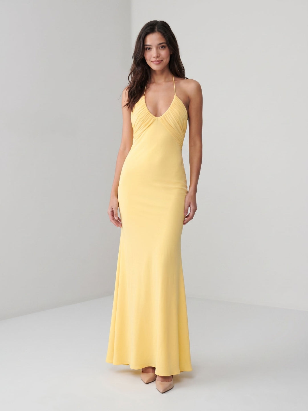 Daffodil Matte Satin Sheath Halter Neckline Backless Floor-Length Formal Dress with Pleating