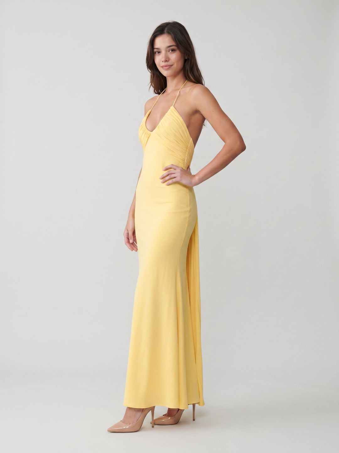 Daffodil Matte Satin Sheath Halter Neckline Backless Floor-Length Formal Dress with Pleating