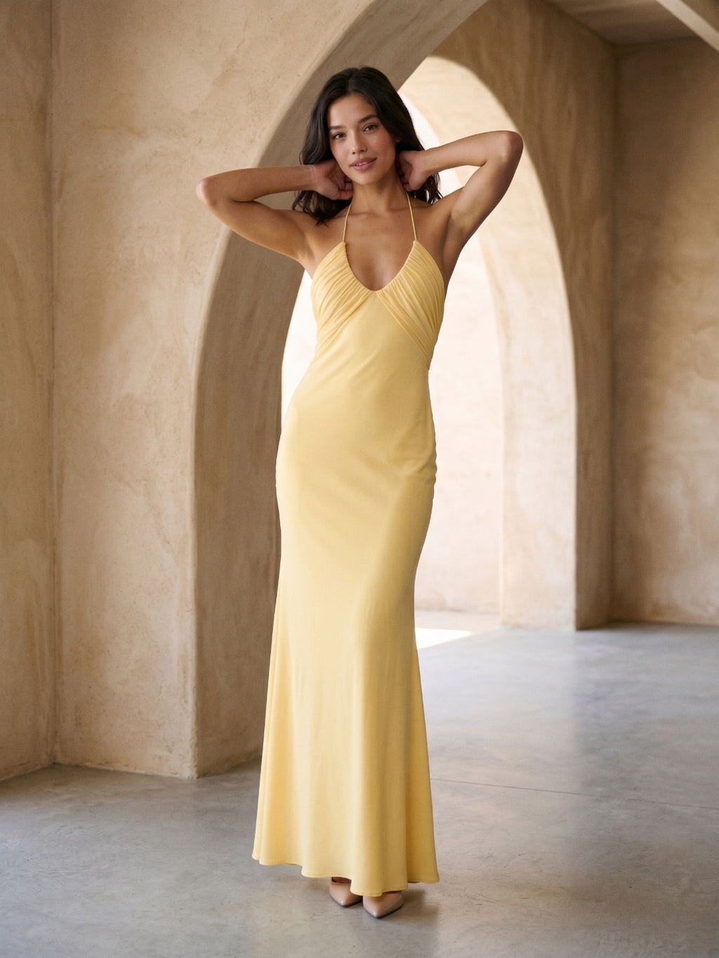 Daffodil Matte Satin Sheath Halter Neckline Backless Floor-Length Formal Dress with Pleating
