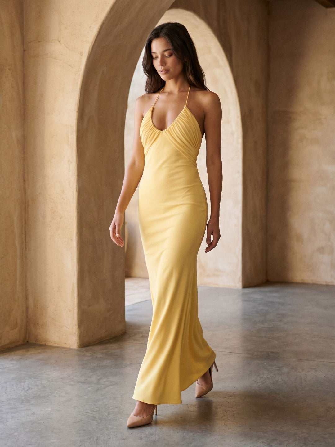 Daffodil Matte Satin Sheath Halter Neckline Backless Floor-Length Formal Dress with Pleating
