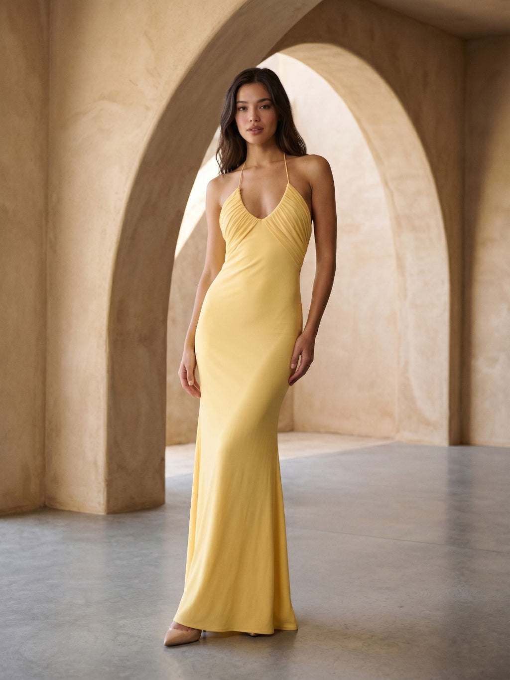 Daffodil Matte Satin Sheath Halter Neckline Backless Floor-Length Formal Dress with Pleating